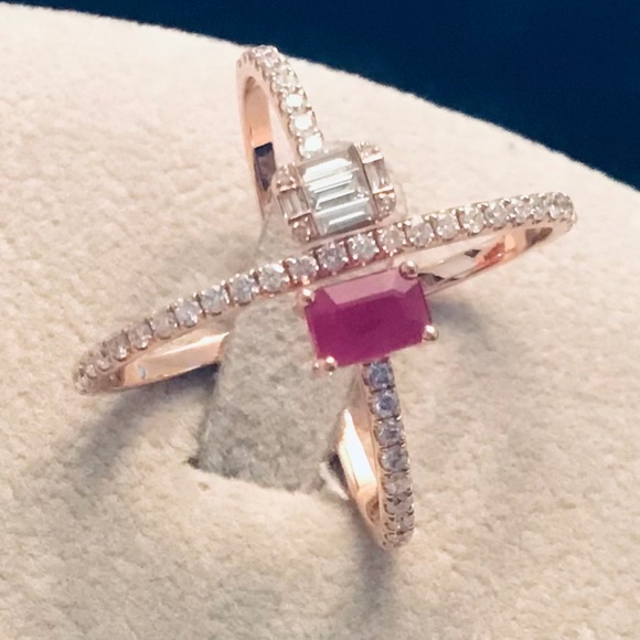 14K Rose Gold Genuine Diamond & Ruby X Ring - Picture 11 of 13